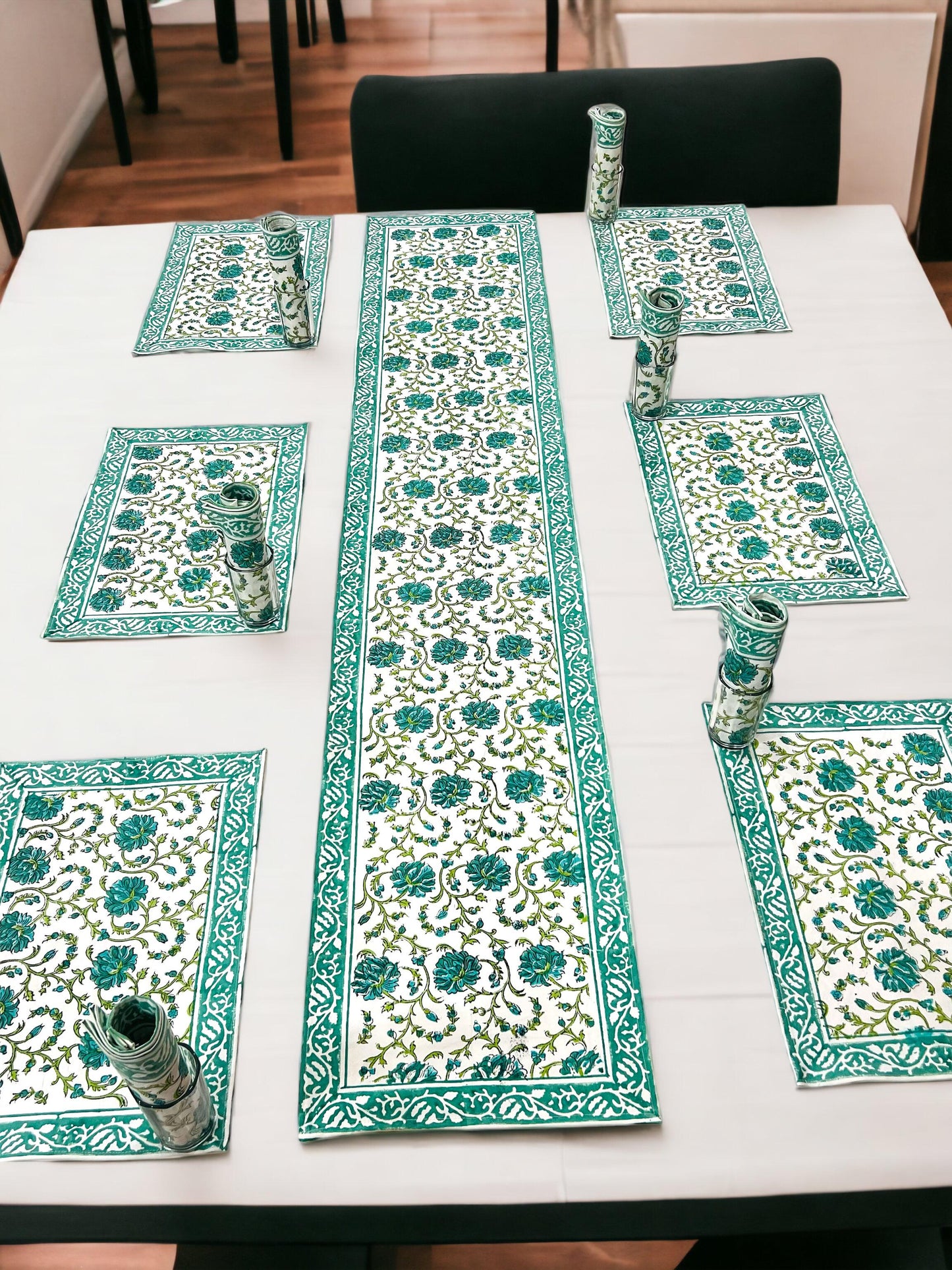 Greenish Blue Printed 6 Seater Table Runner