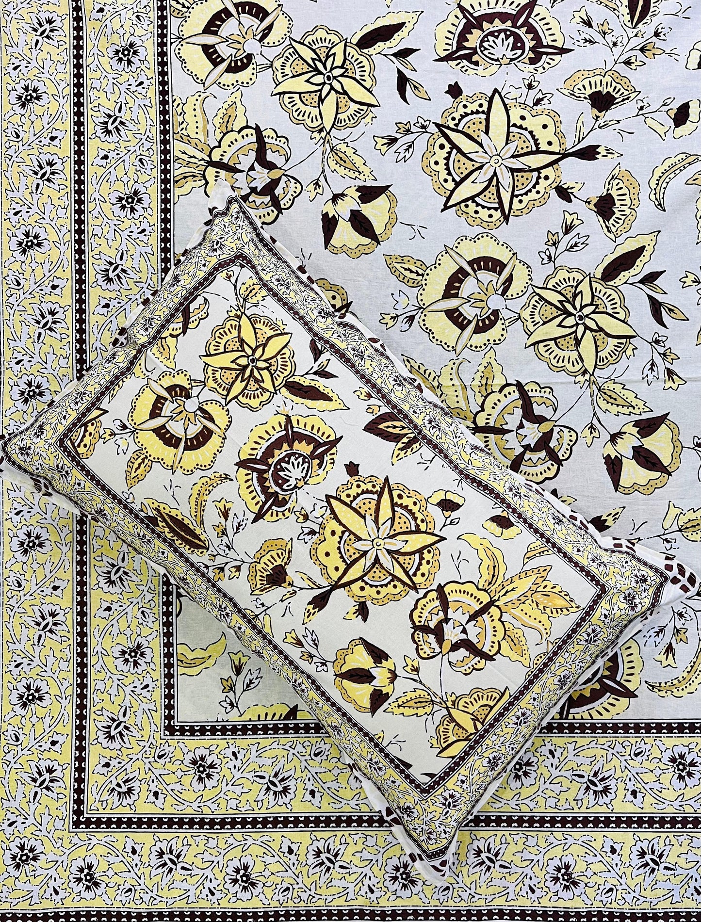 Jaipuri Floral Golden Sand Premium Block Printed Bedsheet