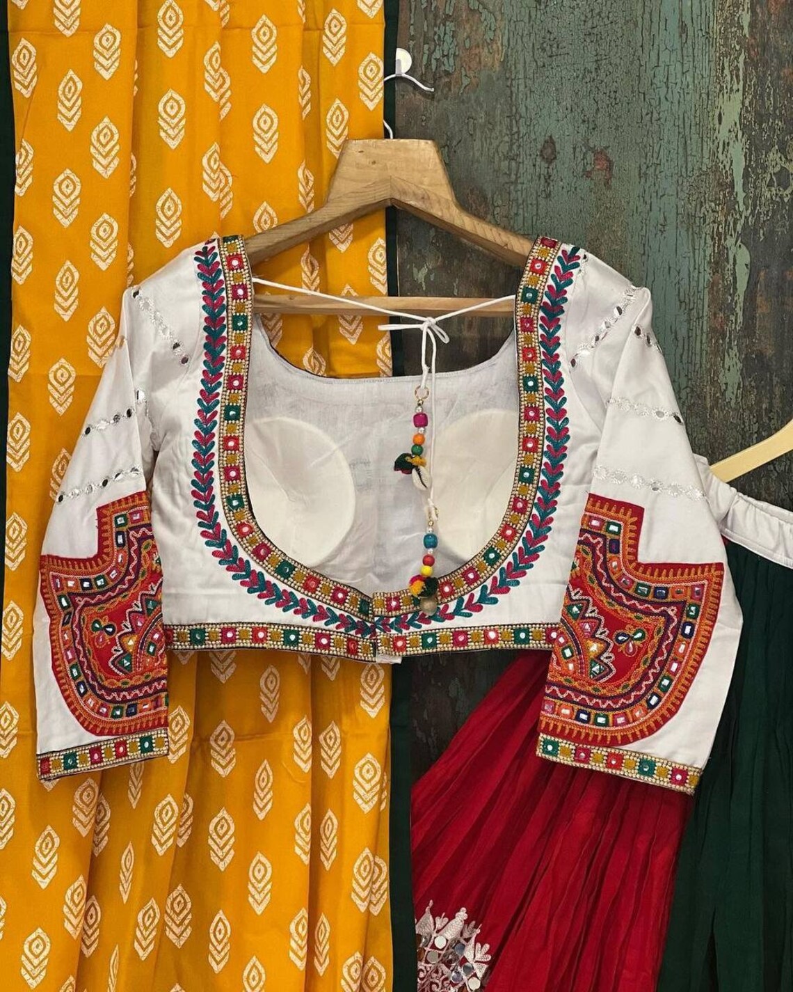Multicolor cotton printed and mirror work gujarati garba navratri lehenga chaniya choli