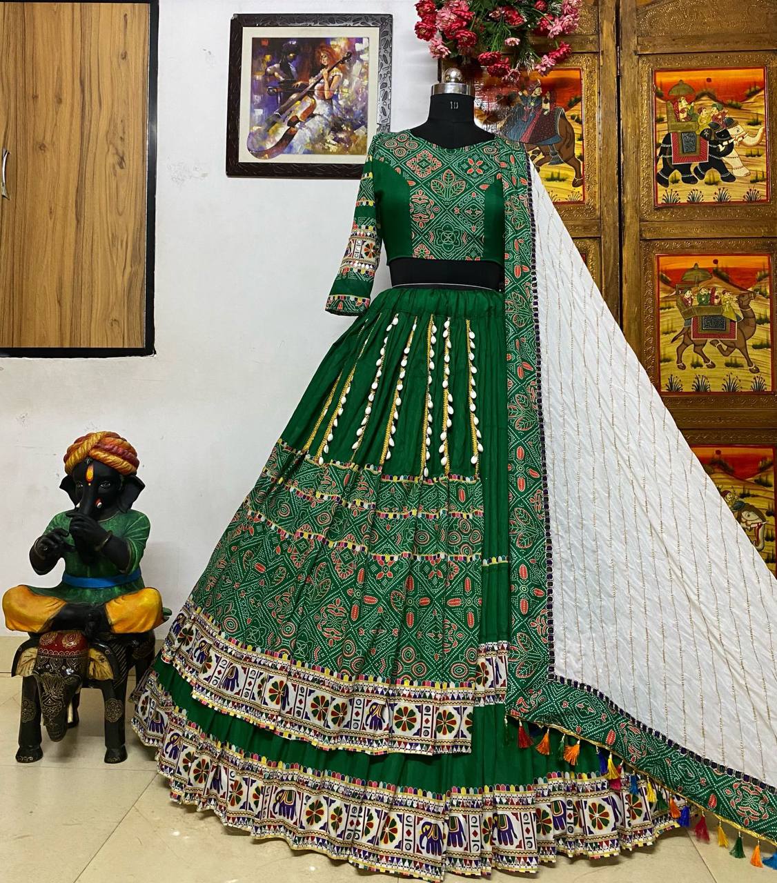 Green cotton print and mirror handwork gujarati garba navratri lehenga chaniya choli