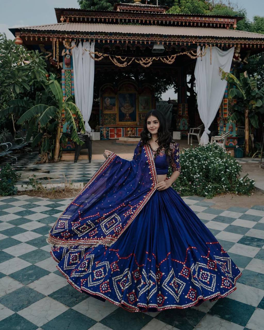 Navy blue heavy embroidery and mirror work designer wedding lehenga choli