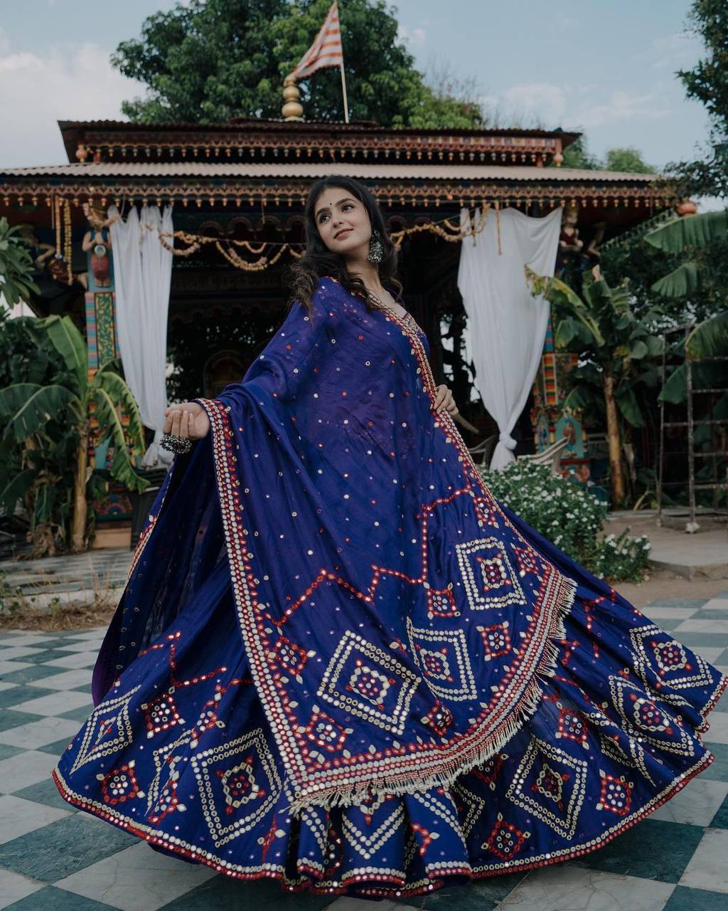 Navy blue heavy embroidery and mirror work designer wedding lehenga choli