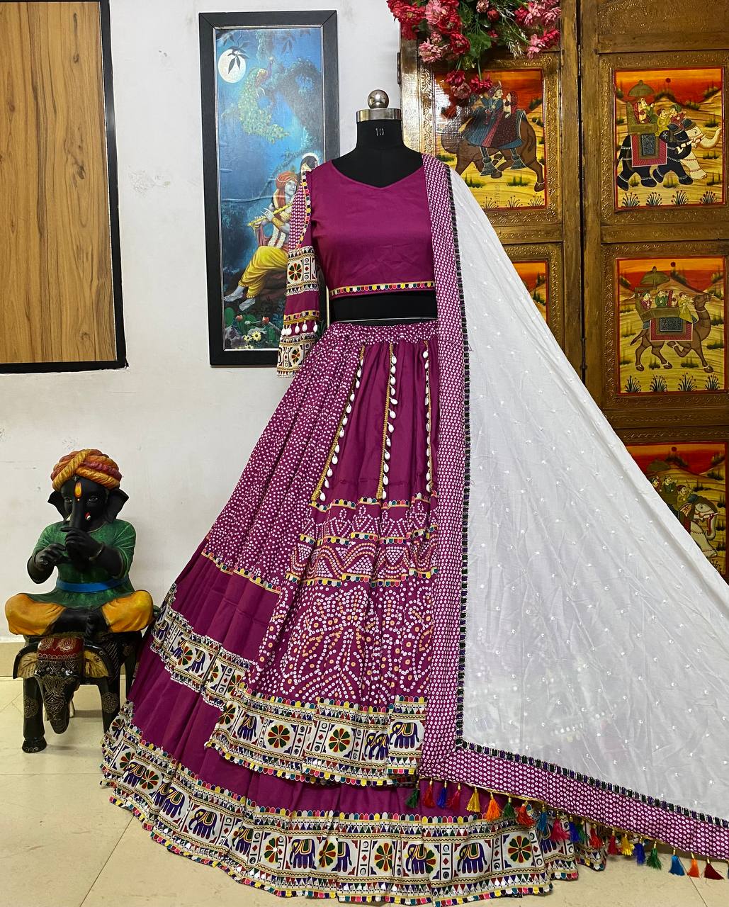 Purple cotton print and mirror handwork gujarati garba navratri lehenga chaniya choli