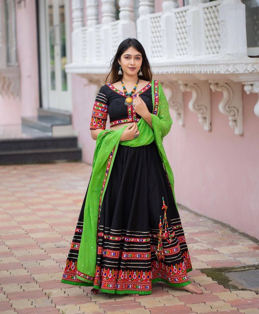 Black and green navratri lehenga choli with dupatta set