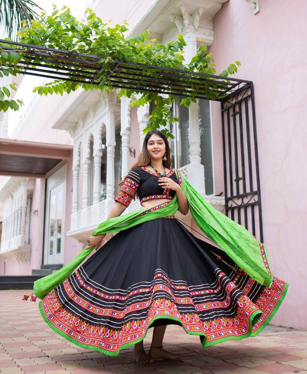 Black and green navratri lehenga choli with dupatta set