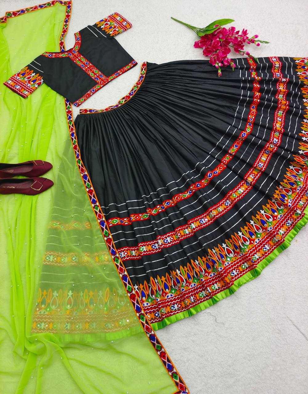 Black and green navratri lehenga choli with dupatta set