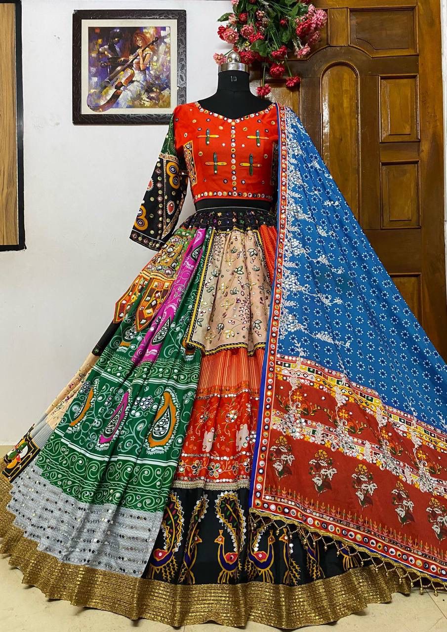 Designer-Printed Navratri Lehenga Choli with Real Mirror Work Multicolor