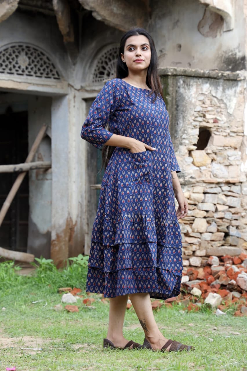 One Piece Long Frilled Dress - Hand Block Print Bagru Rajasthan