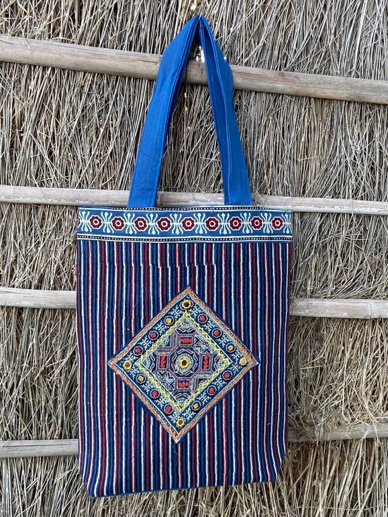 Ajrakh Print Tote Bags with Hand Patch Work
