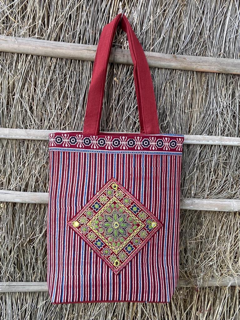 Ajrakh Print Tote Bags with Hand Patch Work